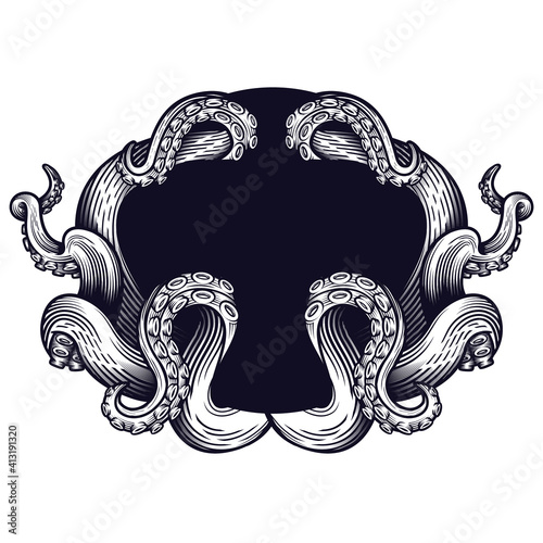 Tentacles of an octopus label frame design. Hand drawn vector illustration in engraving technique isolated on white.  