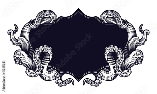 Tentacles of an octopus label frame design. Hand drawn vector illustration in engraving technique isolated on white.   photo