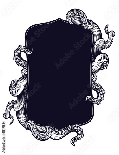 Tentacles of an octopus label frame design. Hand drawn vector illustration in engraving technique isolated on white.  