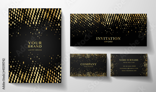 Modern gold design set: cover, premium business card, invitation with circular dots. Golden pattern on black background. Collection template for notebook, holiday poster, brand book