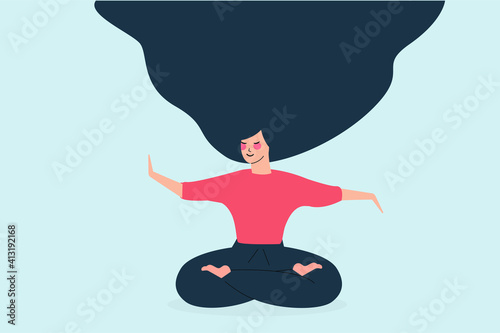 Flat character girl in cross legged position mediates. Woman with closed eyes practicing yoga in the morning, relaxing and breathing exercice at home. Flat design female body concentration concept.	
