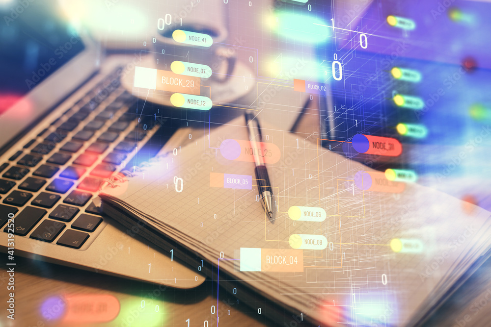 Double exposure of technology theme drawing and desktop with coffee and items on table background. Concept of data research. Double exposure of technology theme drawing and desktop with coffee and items on table background. Concept of data research.