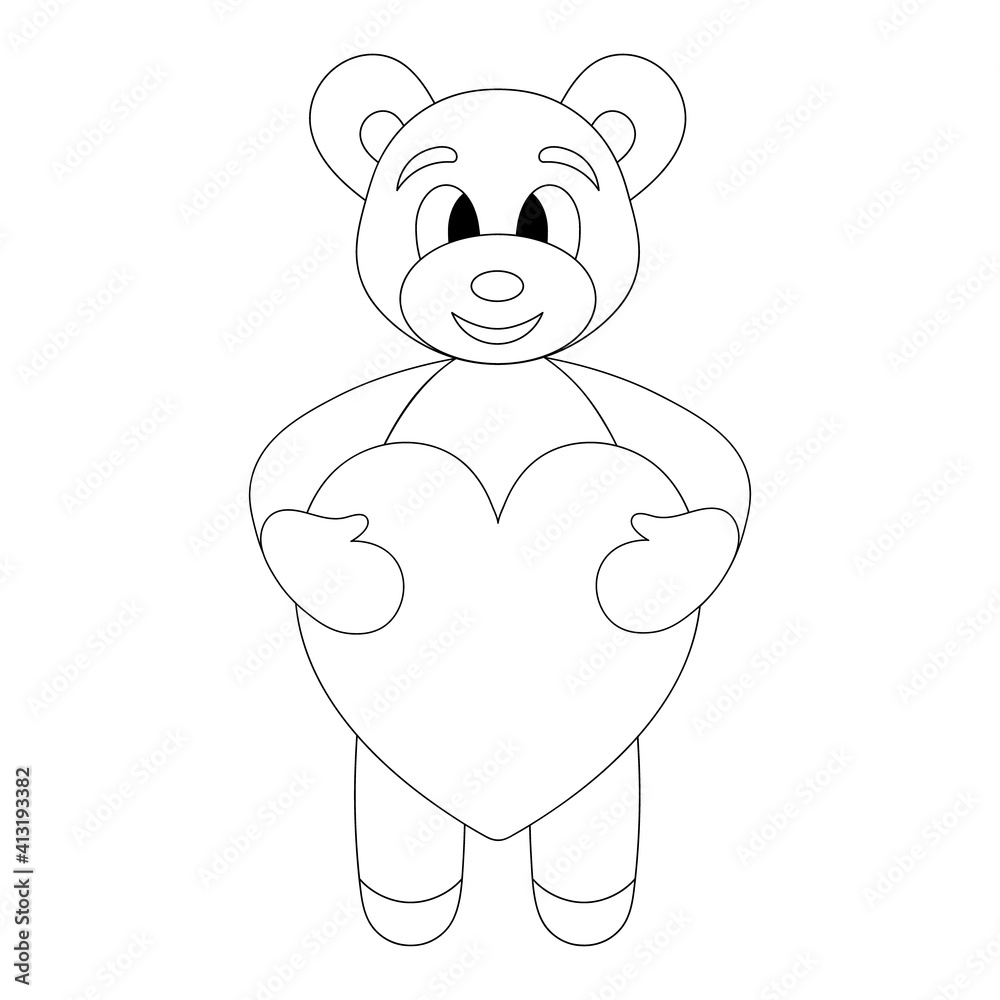 Obraz premium Bear. A teddy bear holds a heart in its paws. Sketch. Vector illustration. Outline on an isolated white background. Coloring book for children. Valentines Day. Doodle style. Little bear cub. 