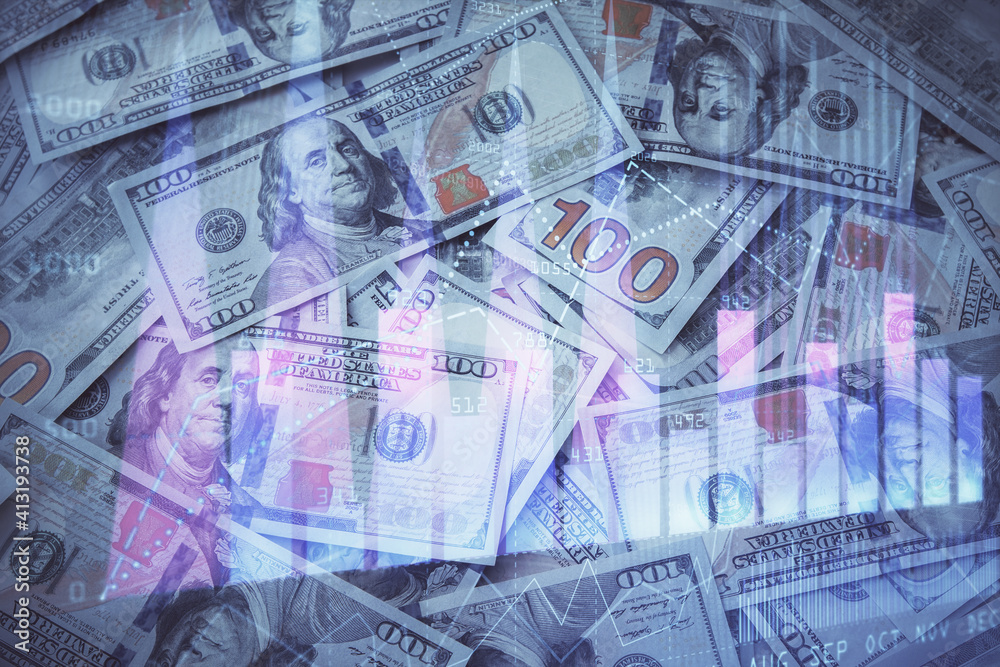 Double exposure of forex graph drawing over us dollars bill background. Concept of financial markets. Double exposure of forex graph drawing over us dollars bill background. Concept of financial markets.