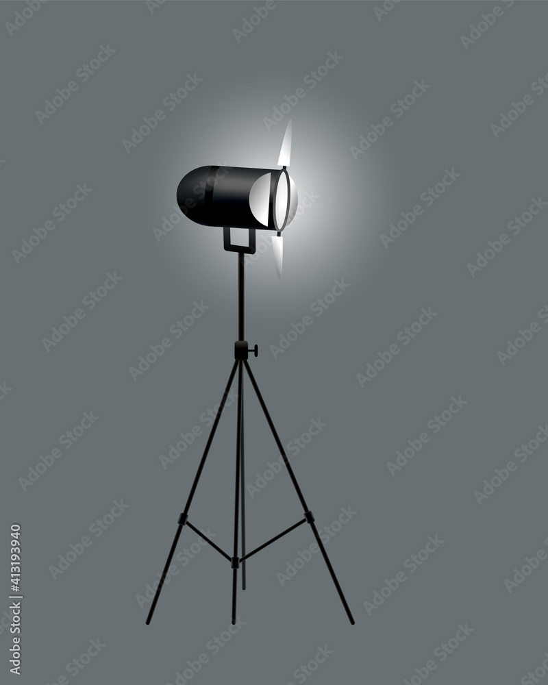 Realistic spotlights with gray background for show contest or interview vector illustration. Photography studio. Illuminated effect form projector, projector for studio illumination