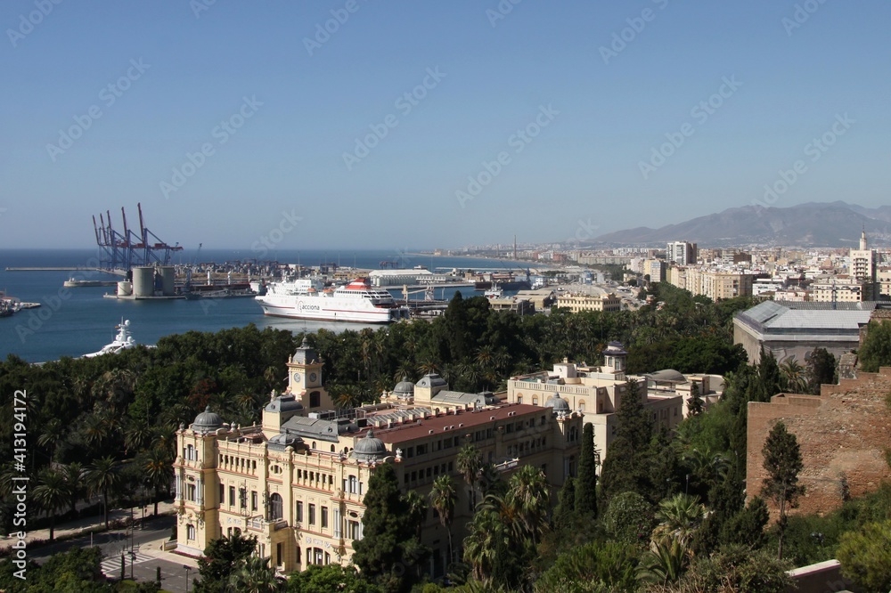 View of the monumental Town Hall and the seaport of Malaga, Costa del Sol, Malaga. Andalusia, southern Spain. Europe.