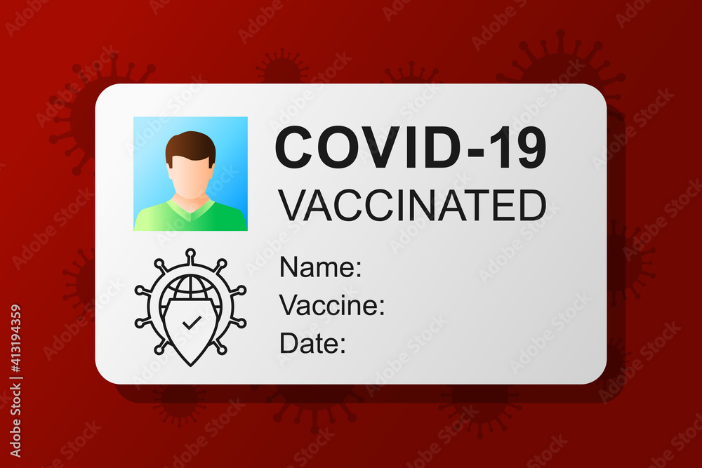 Vaccination pass or card. COVID-19 and certificate concept with documentation as proof of getting vaccinated. Shield as vaccine symbol and being immune against coronavirus.