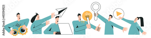 Set of remote team characters modern flat vector illustration. Global cyberspace, distributed teamwork, collaboration, network, global outsourcing