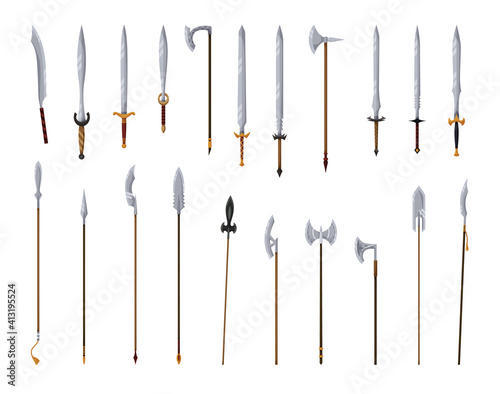 Medieval weapon collection. Ancient weaponry  war and heraldry concept. Spears swords and battle axes. World melee weaponry