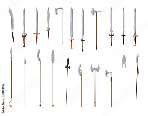 Medieval weapon collection. Ancient weaponry, war and heraldry concept. Spears swords and battle axes. World melee weaponry
