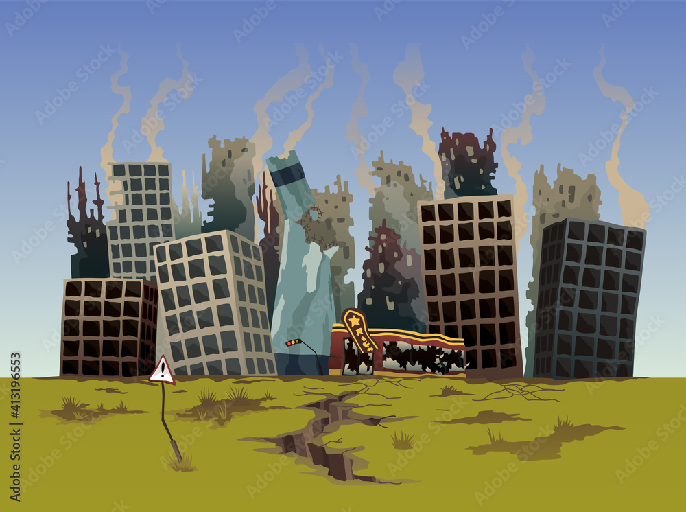 Destroyed city. Street of the city, destroyed by natural disaster. Ruins  with destroyed abandoned buildings. Destruction in war zone or  post-apocalyptic world cartoon vector concept Stock Vector | Adobe Stock