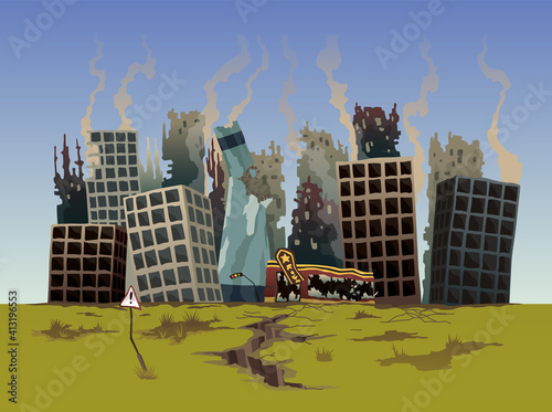 Destroyed city. Street of the city, destroyed by natural disaster. Ruins with destroyed abandoned buildings. Destruction in war zone or post-apocalyptic world cartoon vector concept