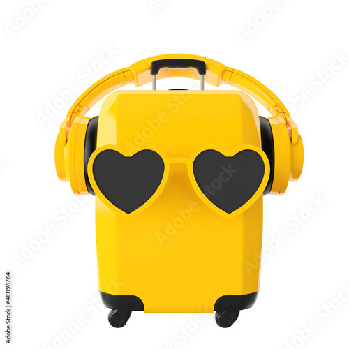 Suitcase with sunglasses and headphones on white background 3d rendering