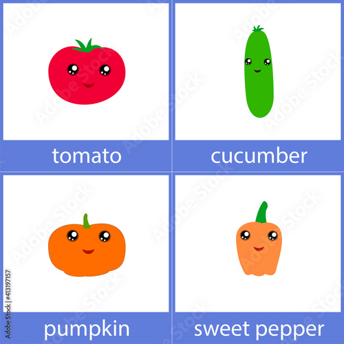 Tomato, cucumber, pumpkin, sweet pepper. English vocabulary word card.