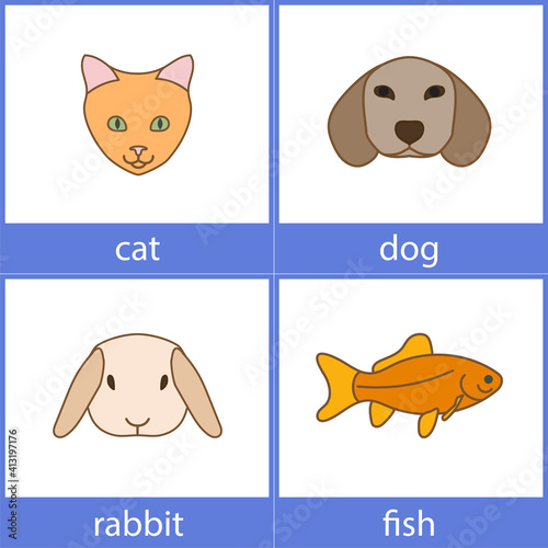 Cat, dog, rabbit, fish. English vocabulary word card.