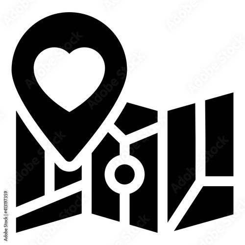 
Heart inside gps pin denoting glyph icon of favourite location 
