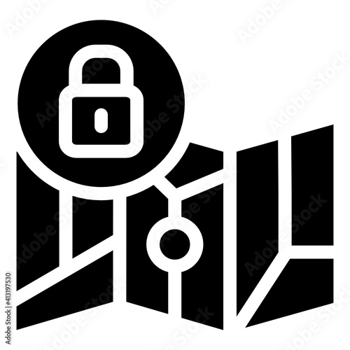 
Lock with gps pin denoting glyph icon of secure location 
