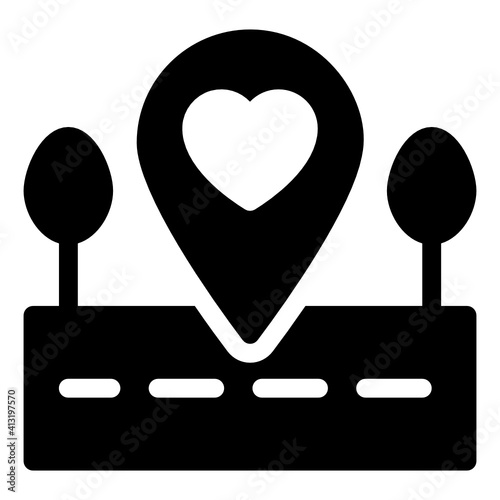 
Heart inside gps pin denoting glyph icon of favourite destination 
