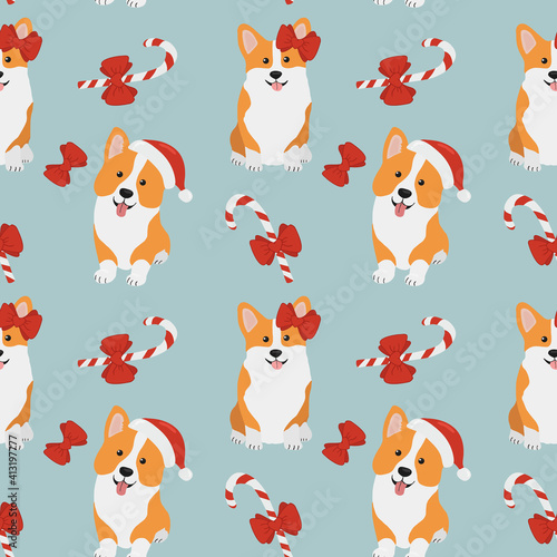 Seamless pattern with  corgis in Santa Claus hat and caramels. Background for wrapping paper,  greeting cards and seasonal designs. Merry Christmas and Happy new year.