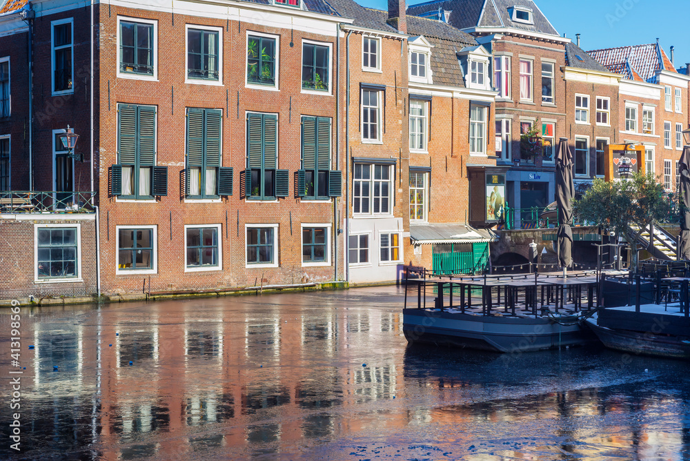 Frozen canals in Leiden, Netherlands after storm Darcy hit, February