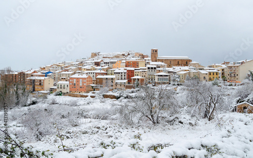 village view covered by snow Nalda La Rioja, Spain