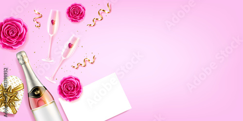 Valentine's Day Card. Background with champagne glasses with bottle, ribbons, hearts, roses and white paper.