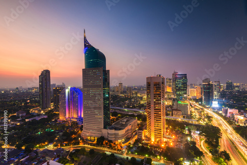 jakarta Cityscape. Jakarta is the capital city of indonesia. This is the iconic buildings in the heart of business area, Sudirman Street.  photo