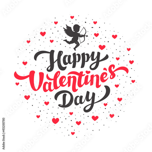Happy Valentines day lettering with hearts on white background. Love day gree...