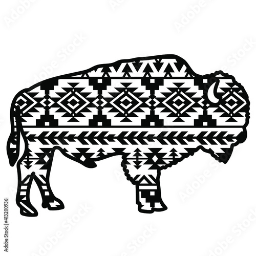 Bison aztec style. Tribal design ethnic ornament vector print art color graphic illustration isolated on white