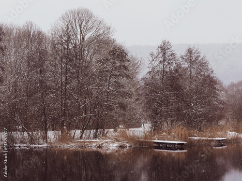 Winterszene im Grüttpark Lörrach im Markgräflerland. Landschaftspark mit kleinem See (Grüttsee), holzponton mit schneebedeckter Ufervegetation photo