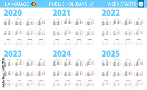 Calendar in Portuguese language for year 2020, 2021, 2022, 2023, 2024, 2025. Week starts from Monday.