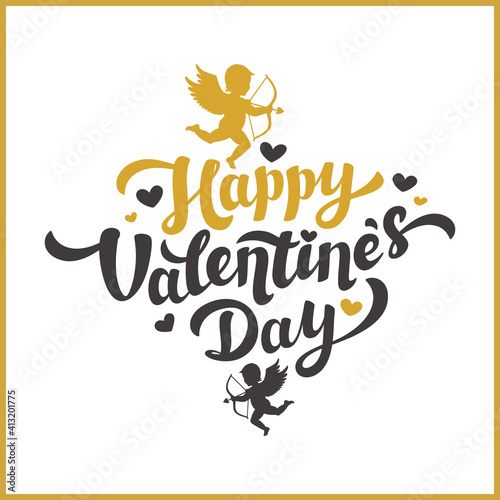 Love day greeting card. Golden happy Valentine s day quote with hearts and cu...