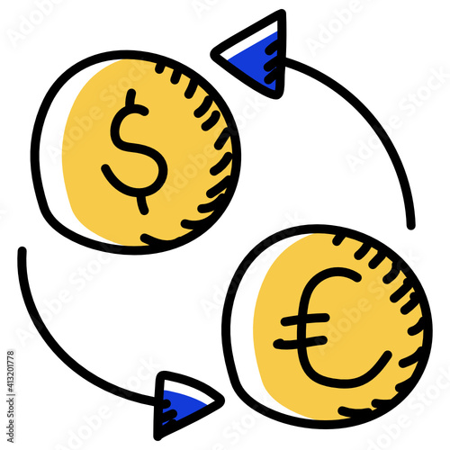 
Currency exchange in doodle style icon, conversion of money 
