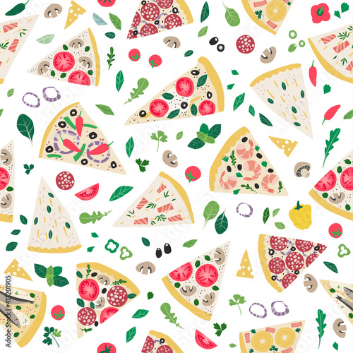 Seamless pattern with isolated pizza slices, cartoon background illustration