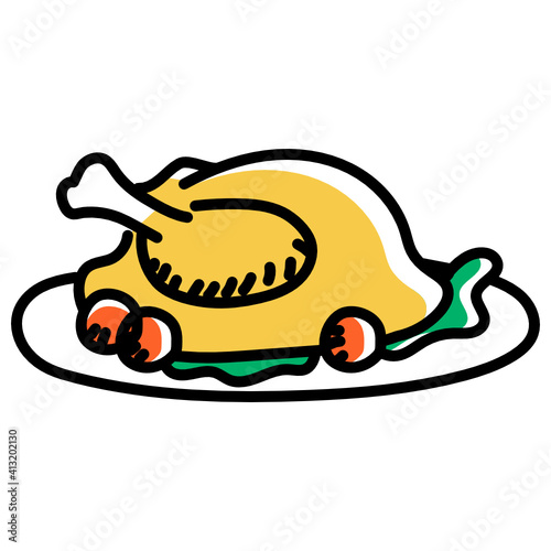  Roasted chicken served in a tray  turkey doodle vector style  