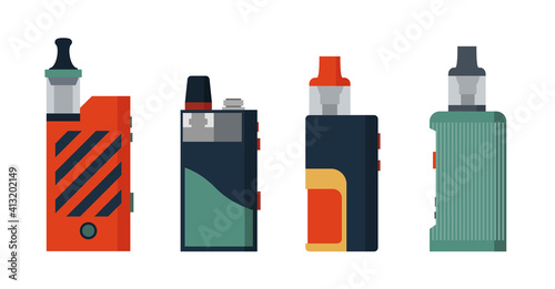 Vape set. Different design pod mods. E-cigarette for vaping. Hipster equipment for smoking. Vaping device Flat cartoon vector illustration.
