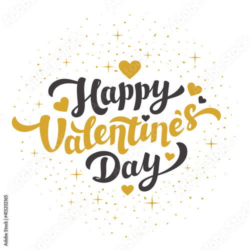 Happy Valentines day lettering with golden hearts and dust in vintage style o...
