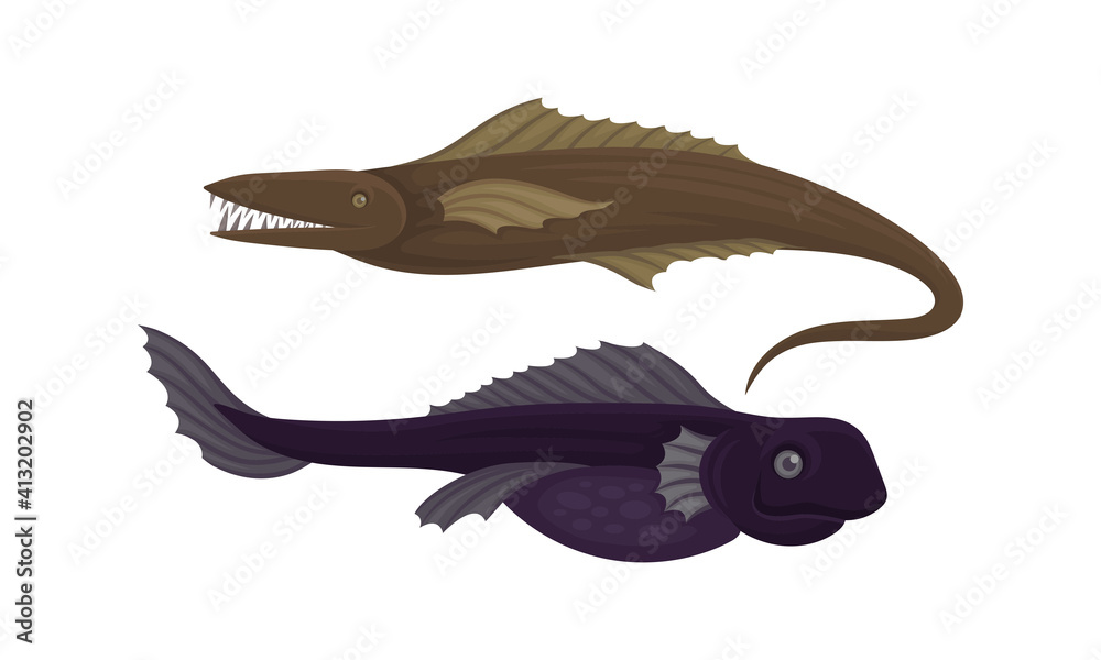Toothy Extinct Fish from Deep Sea as Gill-bearing Aquatic Animals Vector Set Toothy Extinct Fish from Deep Sea as Gill-bearing Aquatic Animals Vector Set