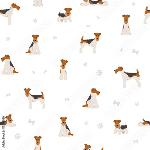 Wire fox terrier seamless pattern. Different poses, puppy.