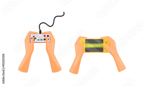 Hands Holding Gamepads or Controller Playing Video Game Vector Set