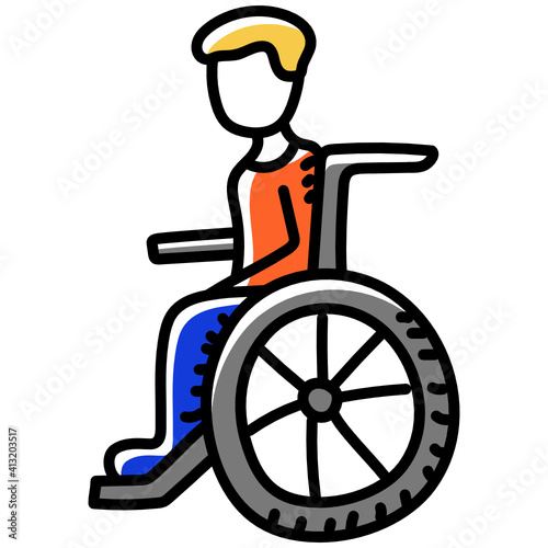 
Disability in doodle trendy editable icon, man on wheelchair 
