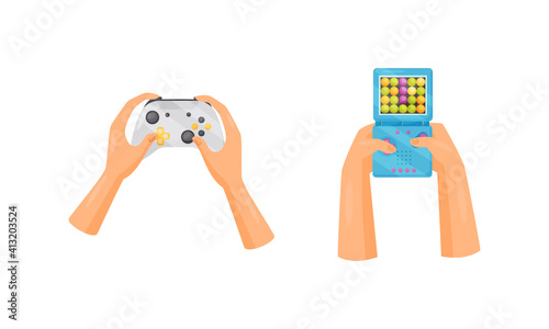 Hands Holding Gamepads or Controller Playing Video Game Vector Set