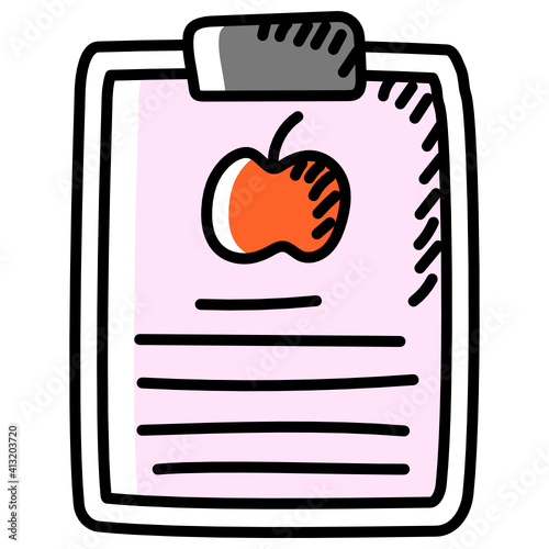 
Apple on paper denoting diet chart in doodle icon 
