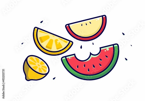 Pieces of watermelon, oranges, lemons and apples