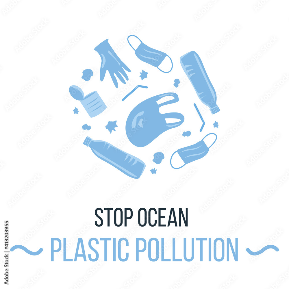 Plastic garbage in circle. Environmental issue or ecology problem of marine pollution, rubbish in sea after Coronavirus pandemic. Single use trash, latex glove and mask. Vector flat illustration. 