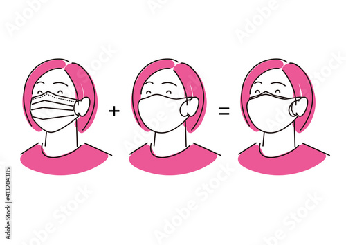 二重にマスクを着用している女性 シンプル イラスト ベクター