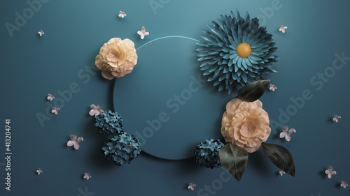 Blue beautiful composition of small podium surrounded with flowers. Romantic background template. 3D render. photo