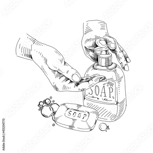 Dosing liquid soap for hands washing, retro hand drawn vector illustration.