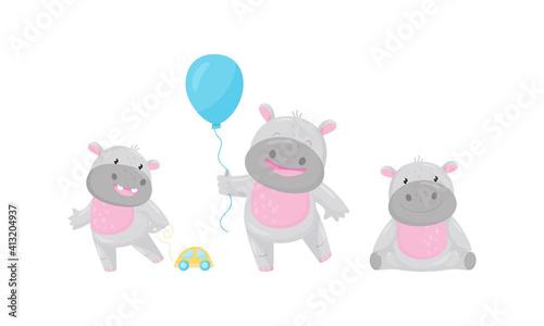 Funny Hippopotamus Pulling Toy Car and Holding Balloon Vector Set