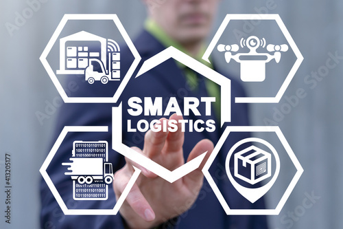 Concept of smart logistics. Modern Warehouse, Distribution, Delivery, Transportation Technology.